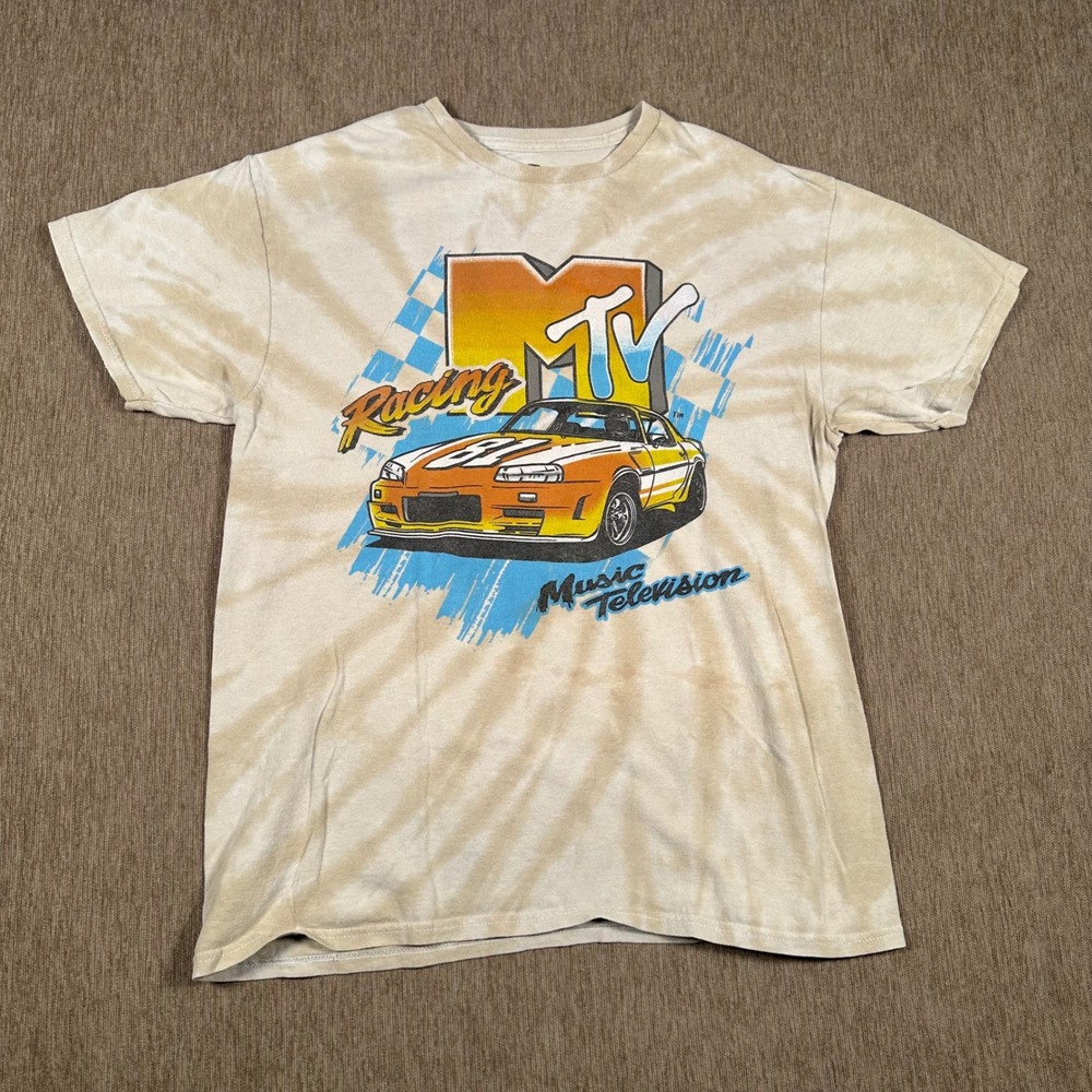 MTV Racing Graphic T-Shirt Mens Medium Tan Tie Dye Music Television Car Tee